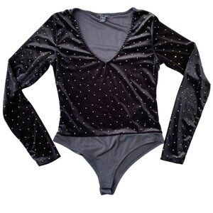 Amisu Velvet Gold Rhinestone Bodysuit Night Out Long Sleeve Sexy Whimsigoth Sz M